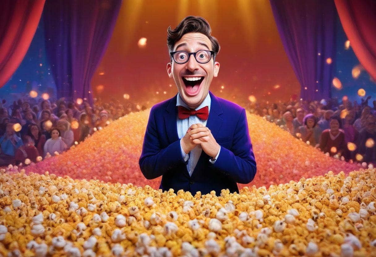 A whimsical cartoon scene featuring a comedy stage with a flamboyant comedian making a humorous pose while holding a cartoonish pile of exaggeratedly happy poop. Colorful audience members are laughing uproariously, with some holding popcorn and others wiping tears of joy. Bright lights and a colorful backdrop enhance the lively atmosphere, encapsulating the joy of embracing the absurdities of life. vibrant colors. cartoon style.
