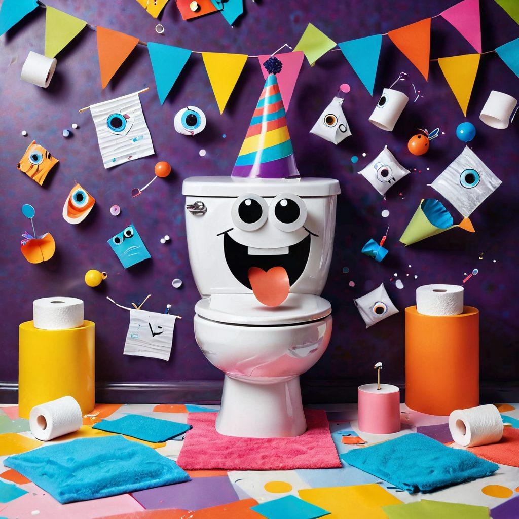 A whimsical cartoon scene depicting a comical bathroom setting, featuring a cheerful toilet with googly eyes and a toilet paper roll wearing a party hat. Surrounding are playful bathroom accessories like plunger and soap, engaged in a funny dance party. Laughter bubbles in the air, illustrated with colorful sound waves and humorous caricatures. The background is bright and cheerful, adding to the light-hearted vibe. cartoon style. vibrant colors. playful details.