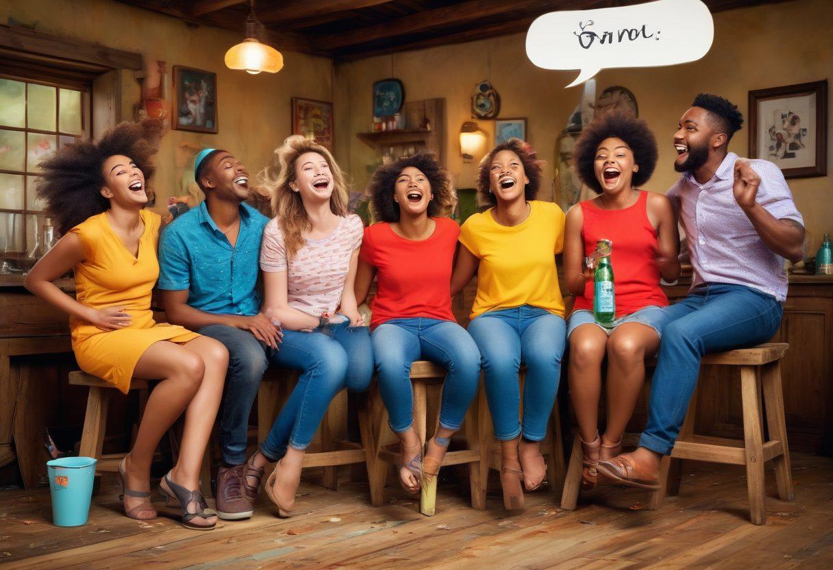 A whimsical and slightly cartoonish scene showcasing a group of diverse, quirky friends laughing around a rustic wooden stool, which is exaggeratedly oversized. Each character shares a funny expression, with speech bubbles depicting humorous jokes about life's messy moments. The background features a playful, chaotic atmosphere of spilled drinks and silly props that capture the essence of celebrating life's imperfections. Colorful and vibrant, exuding joy and laughter. cartoon style. vibrant colors.